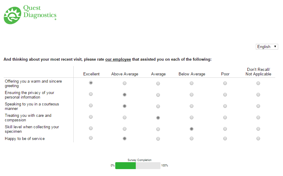 last screenshot of the quest diagnostics feedback survey