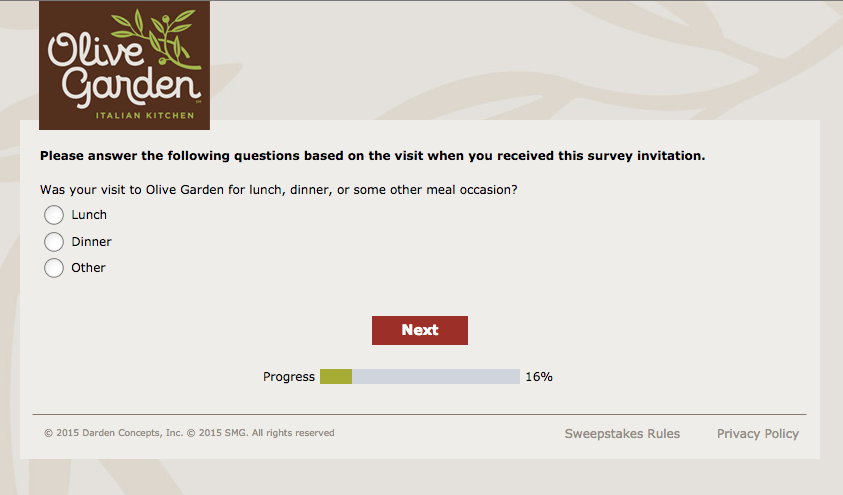 Olive Garden Survey printscreen no. 1.