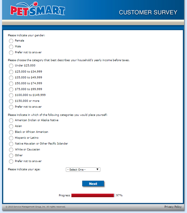 PetSmart Survey Screenshot: Final survey page with demographics data. 
