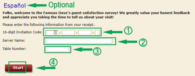 landing page of famous daves survey